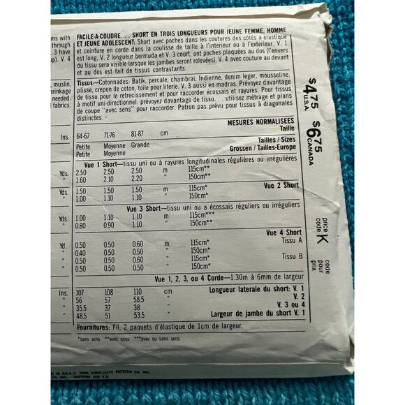 Simplicity 7501 Sewing pattern unisex shorts pants 1980s size medium - Picture 5 of 5